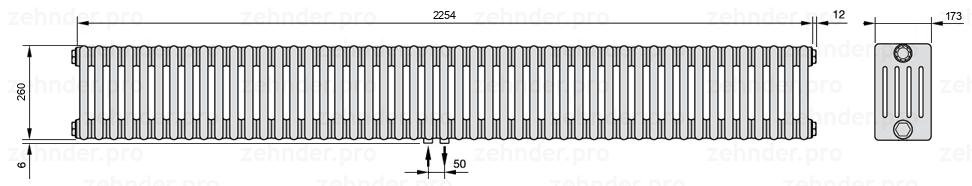Схема (чертеж) Радиатор Zehnder Charleston 5026/49 №3470 Белый глянцевый RAL 9016